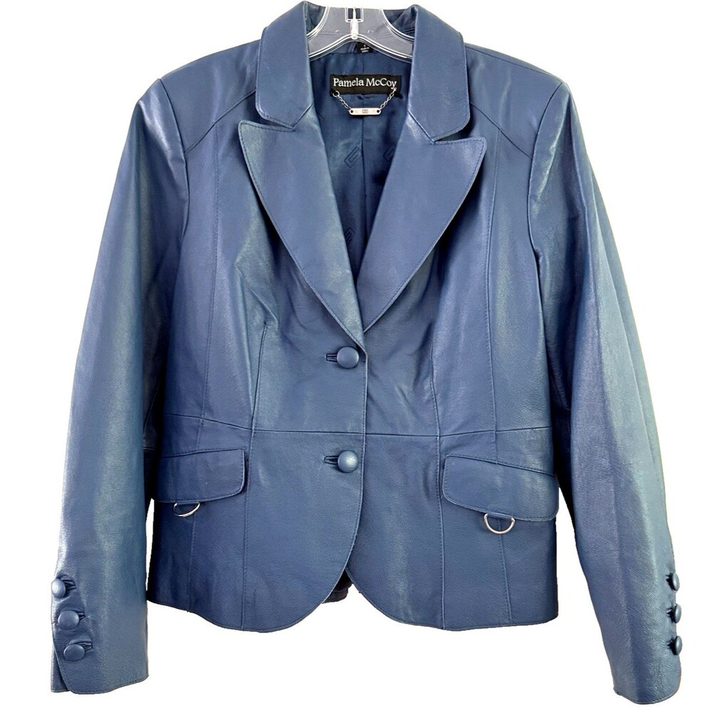 Pamela McCoy Women's Leather Blue Blazer Jacket S Button Front Pockets